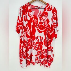 Susan Graver Red & White Floral Liquid Knit V-Neck Blouse Size 3X- Stretch/Artsy